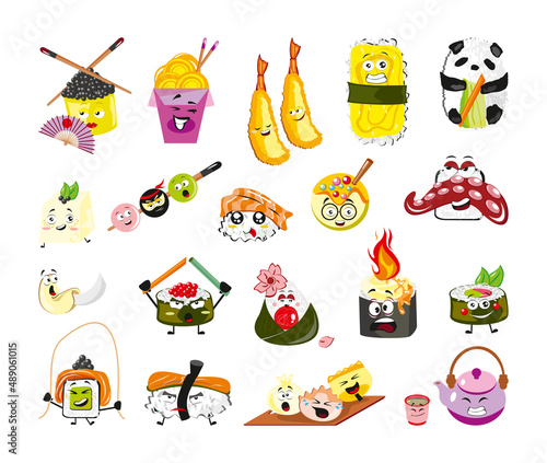Collection of Asian snack characters. Illustrations of Asian food in flat style.