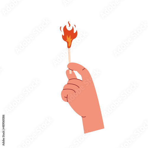 Hand holding a burning match stick. Flaming matchstick. Match with fire. Pyromaniac concept. Vector illustration isolated on white background in flat modern style.