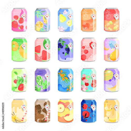 Collection of sweet drinks in cans. Soda with various flavors.