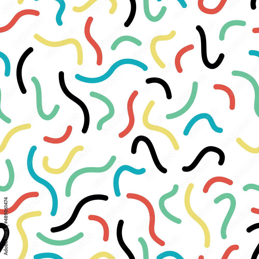 Memphis wallpaper with abstract shapes - squiggly yellow green red blue lines. Seamless pattern. Vector illustration. Memphis wallpaper with abstract shapes - squiggly yellow green red blue lines. Seamless pattern. Vector illustration.