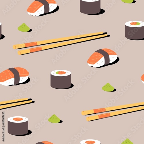 Sushi and rolls seamless pattern.
Seafood vector background of sushi, rolls, maki, chopsticks, wasabi. Japanese asian cuisine and oriental kitchen, restaurant wallpaper