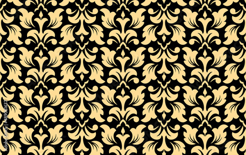 Flower geometric pattern. Seamless vector background. Gold and black ornament. Ornament for fabric, wallpaper, packaging. Decorative print