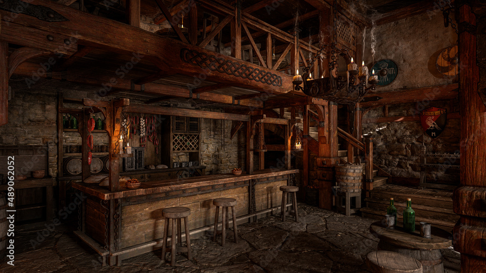 The bar in an old medieval inn or tavern with decorative shields on the wall and staircase in the background. 3D rendering.