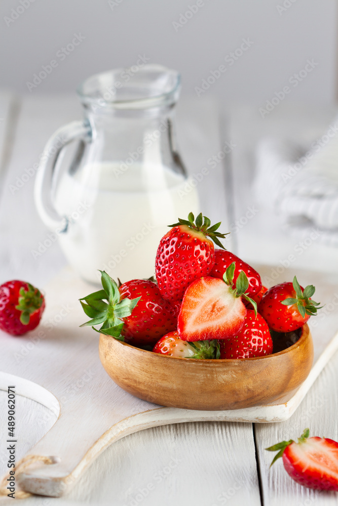 Strawberries with milk on the table Strawberries with milk on the table
