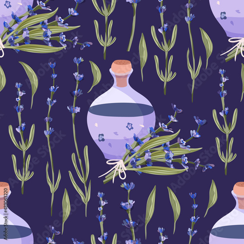 Lavender oil flower seamless pattern on a dark purple background