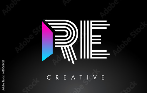 RE White Purple Lines Letter Logo. Creative Line Letters Vector Template.