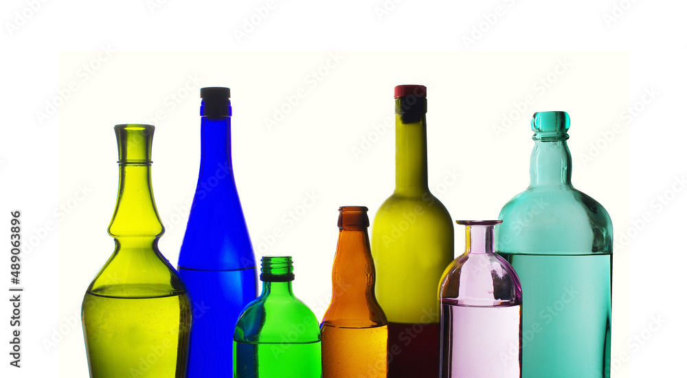 Bottles with wines and spirits on a white background. Bottles with wines and spirits on a white background.