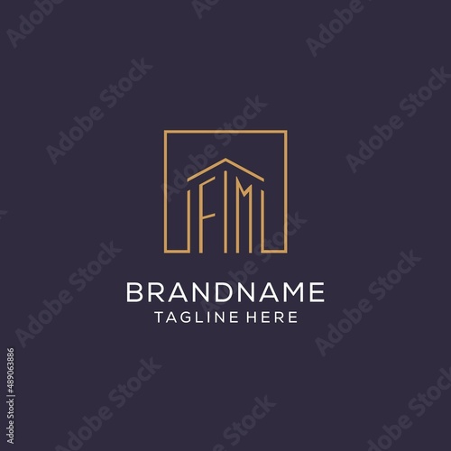 Initial FM logo with square lines, luxury and elegant real estate logo design