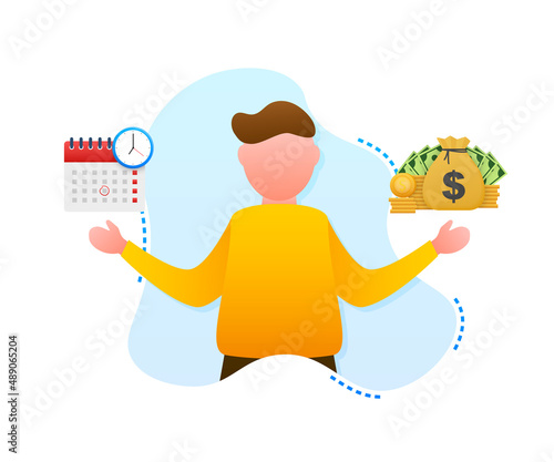 Man choosing between two options Time and money. Vector stock illustration