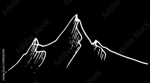 mountain range. hand-drawn mountain peaks, isolated white outline with shadow strokes on black. Mountain peaks is a simple doodle-style drawing for a design template. landscape of three mountain peaks