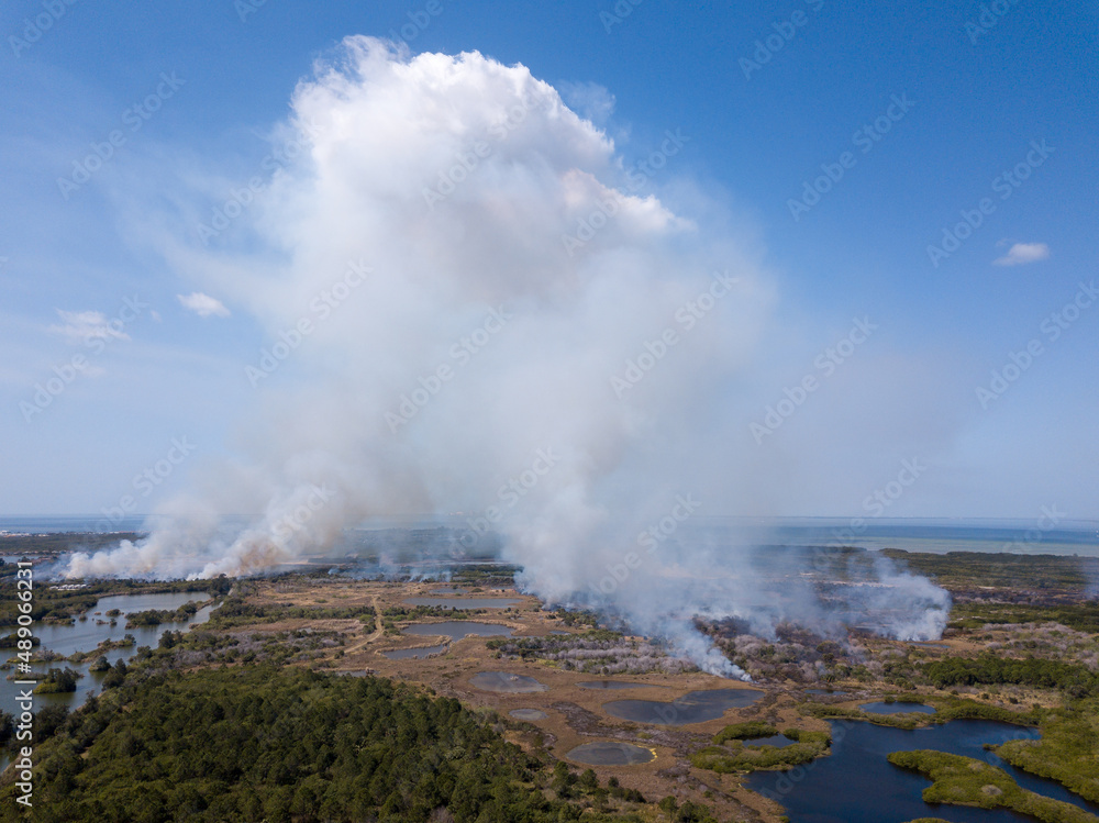 Aerial View of a Grass Fire in Florida. Tampa Bay in the Background