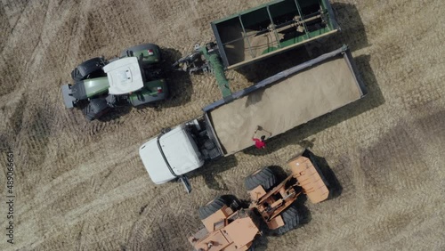 Drone flies over industrial combine harvesters in agricultural field harvesting wheat. Ukrainian agrarian region. Season of gathering crops. Cinematic shot. Filmed in UHD 4k video.