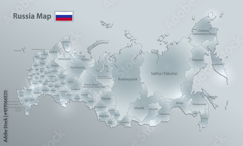 Russia map and flag, administrative division individual regions and names, design glass card 3D vector