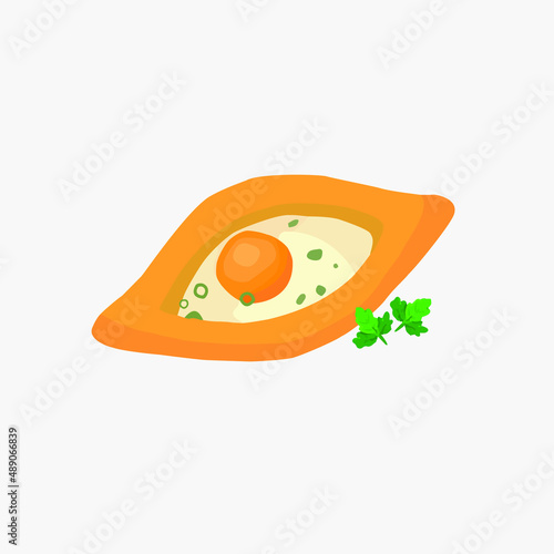 Khachapuri. Vector illustration. Georgian cuisine dish, Georgian national flour product, pie stuffed with cheese and eggs. 