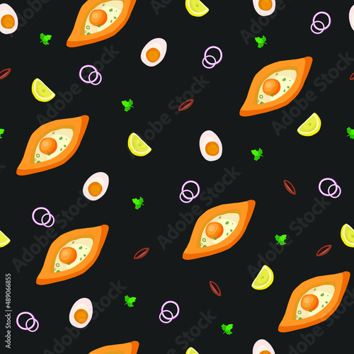 Seamless pattern of food. Set of different food on black background. Khachapuri, lemon, onion, egg, parsley. Georgian cuisine dish, Georgian national flour product, pie stuffed with cheese and eggs.