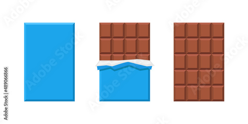 Milk chocolate bar. Three chocolates in a blue wrapper. Unwrapped chocolate bar, vector clipart isolated on white background.