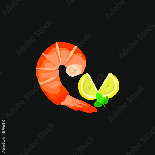 Shrimp with lemon and parsley on a black background. Cuisine. Vector illustration