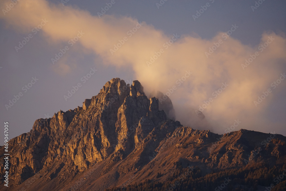 sunset over peak de Chabrières in the mountains of the alps, france