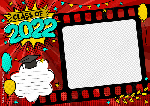 Graduation photo frame in pop art style for 2022. Bright page for class photos. Template for the design of frames for graduates, photographs, posters, cards, stickers. Vector illustration.