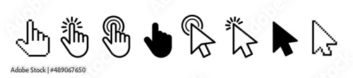 Computer Mouse click cursor. Mouse pointers set. Black vector icons of arrows and hands. Vector clipart.