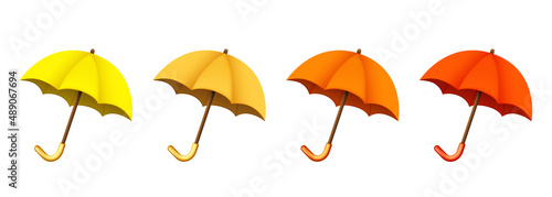 3d umbrella. Set of yellow, red and orange matte umbrellas. Vector clipart isolated on white background.