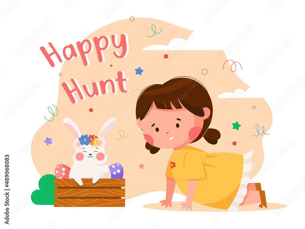 Easter hunt cartoon illustration. Сute child girl looking for easter eggs. Spring chubby bunny with big cheeks surrounded by easter eggs Easter hunt cartoon illustration. Сute child girl looking for easter eggs. Spring chubby bunny with big cheeks surrounded by easter eggs