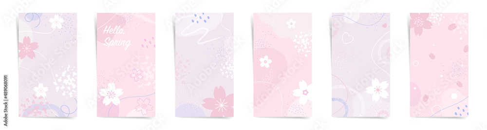Hanami spring sakura flowers stories design template set. Story geometric layout for promo greeting card design for lovers holidays. Purple and pink elegant cute social post posters set.	