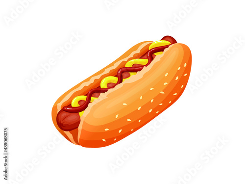 Vector cartoon illustration of hotdog, fast food meal, isolated on white background