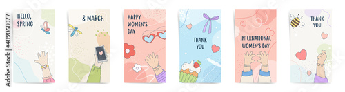 8 March Women's Day Sale Stories Banners Fashion Template Set. Spring summer design for new stories, promo posts. Cute child girl hands, cakes, hearts and flowers elements on blue and red colors.
