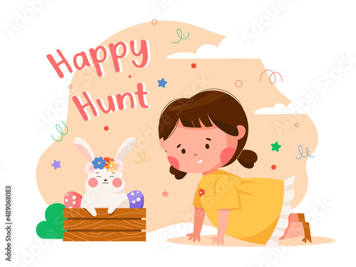 Easter hunt cartoon illustration. Сute child girl looking for easter eggs. Spring chubby bunny with big cheeks surrounded by easter eggs