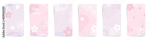 Hanami spring sakura flowers stories design template set. Story geometric layout for promo greeting card design for lovers holidays. Purple and pink elegant cute social post posters set.	
