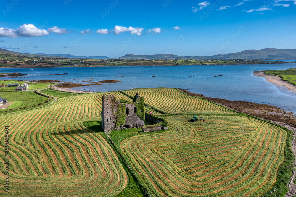 Aerial view at Cahersiveen Ballycarbery Castle in County Kerry Ireland Wild Atlantic Way seen by drone