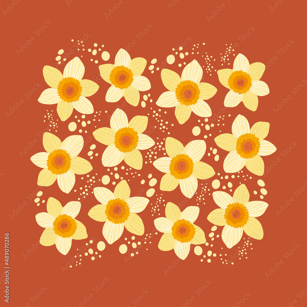 Beautiful spring daffodils flower. Design for poster, postcard, banner. Hand drawn vector illustration. Beautiful spring daffodils flower. Design for poster, postcard, banner. Hand drawn vector illustration.