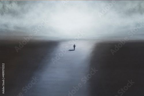 illustration with lonely man walking towards infinity