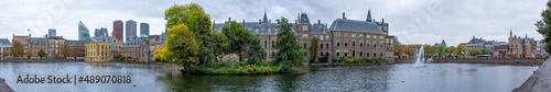 180 degree panoramic photo of the Hofvijver and the Binnenhof with possibly the oldest parliament complex in Europe that still serves as such and at the very back the skyline of The Hague