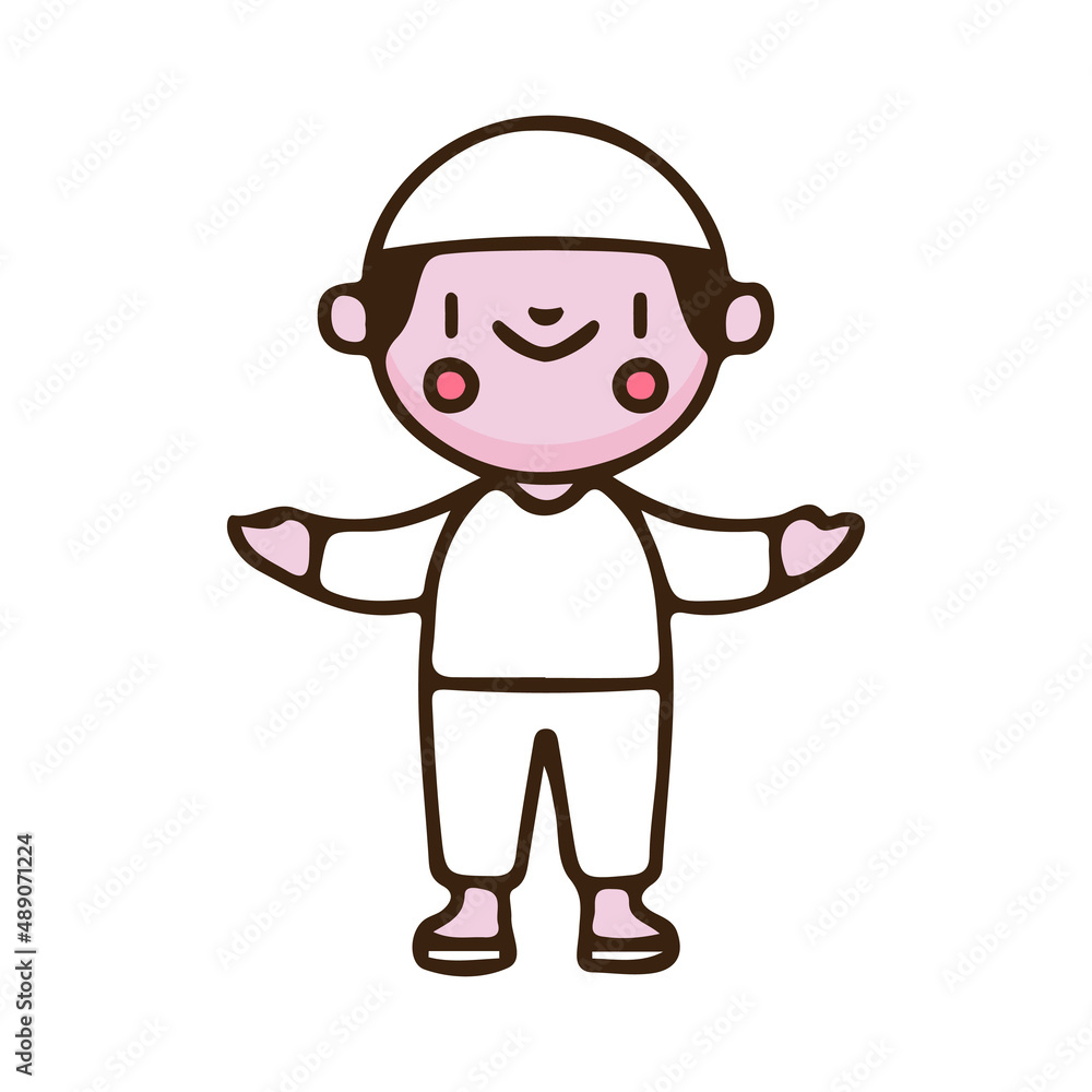 Cartoon of kawaii Muslim kid with greeting gesture. Illustration for Perfect Nursery children, kids, greeting.