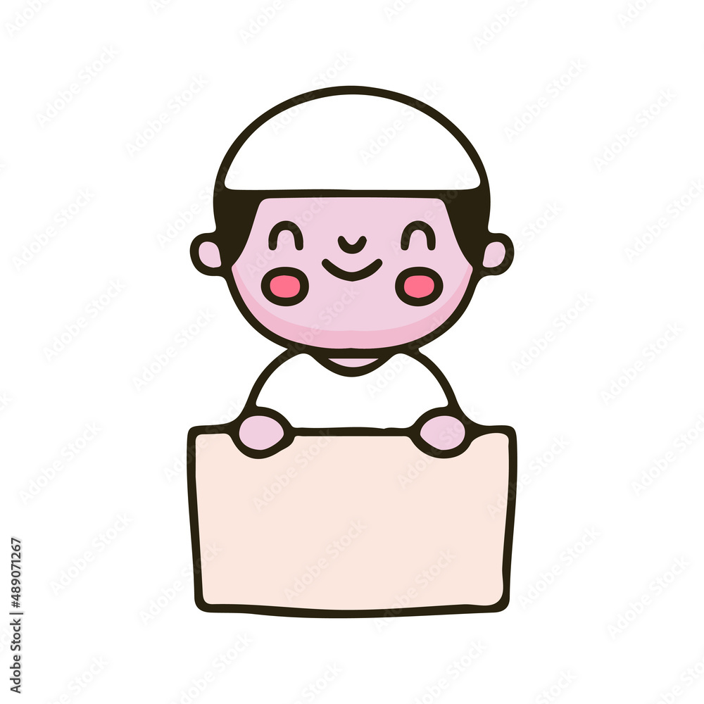 Kawaii Muslim kid holding blank banner cartoon. Illustration for Perfect Nursery children, kids, greeting. Kawaii Muslim kid holding blank banner cartoon. Illustration for Perfect Nursery children, kids, greeting.