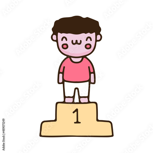 Kawaii champion kid standing on podium cartoon. Illustration for Perfect Nursery children, kids, greeting.