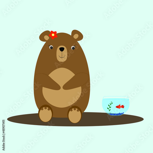 Brown bear on a light blue background next to an aquarium with a red fish inside. Vector illustration. Sweet teddy bear. Flat character. Sweet bear girl