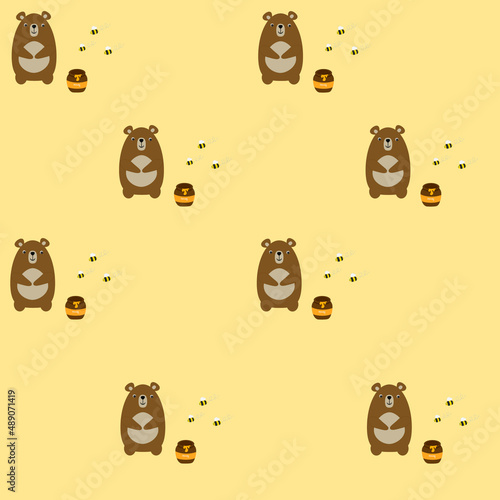 Bear, honey and bees on a yellow background. Seamless pattern. Vector illustration. Flat bear. Cartoon character
