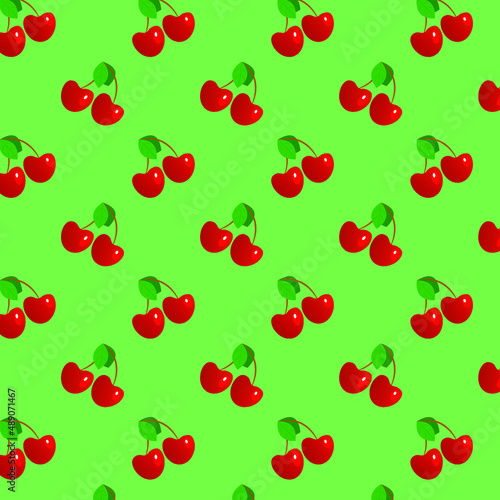 A seamless pattern with cherries on green background, vector illustration, eps 10
