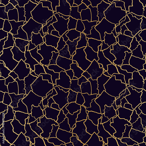 kintsugi art seamless pattern with gold thin lines and abstract shards on dark luxury background.