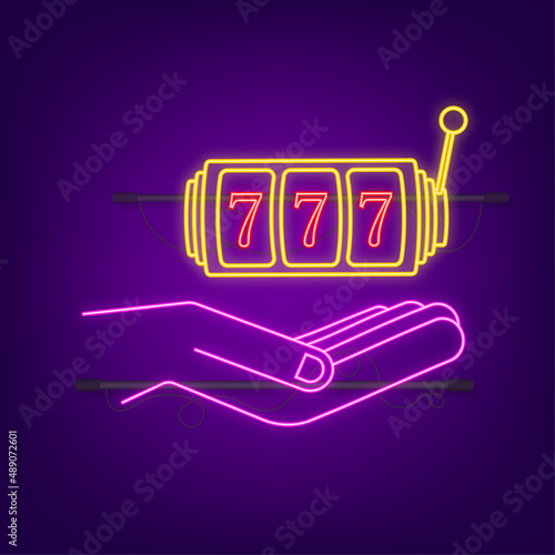 Hand and Slot machine with lucky sevens jackpot neon icon. Vector stock illustration.