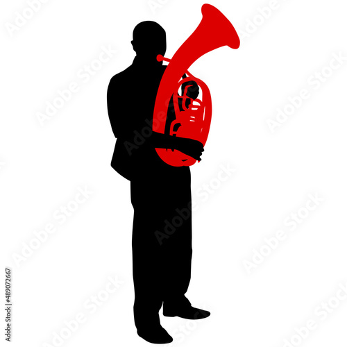 Silhouette of musician playing the tuba on a white background