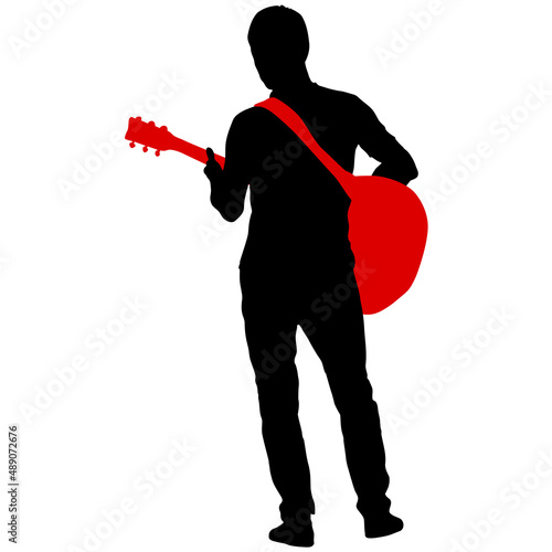 Silhouette musician plays the guitar on a white background
