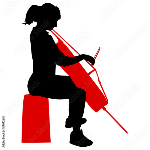 Silhouettes a musician playing the cello on a white background