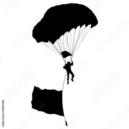 Skydiver, silhouettes parachuting on white background