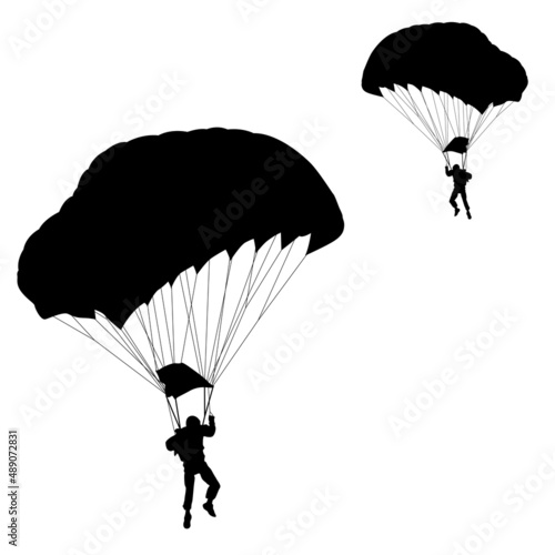Skydiver, silhouettes parachuting on white background