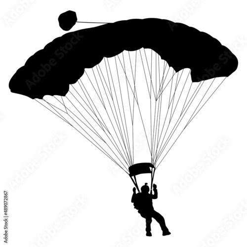 Skydiver, silhouettes parachuting on white background