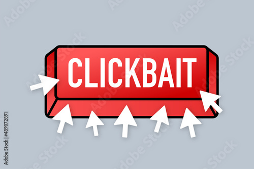 Clickbait red button. Hand click icon symbol. Cursor arrows, push button. Vector stock illustration.